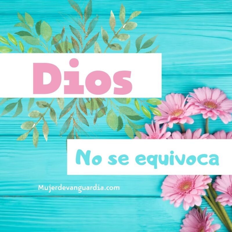 Dios no se equivoca escrito en rosa y turquesa, fondo turquesa con flores y hojas